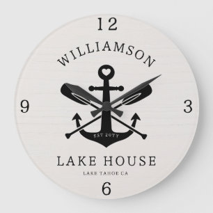 Modern Lake House Family Name Anchor Oars Paddles Large Clock
