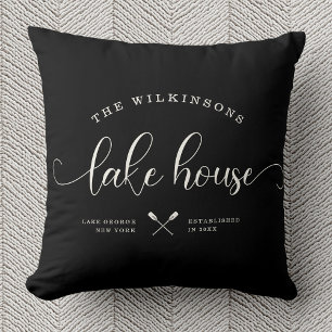 Modern Lake House Family Name Brush Script Black Cushion
