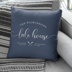 Modern Lake House Family Name Brush Script Blue Cushion