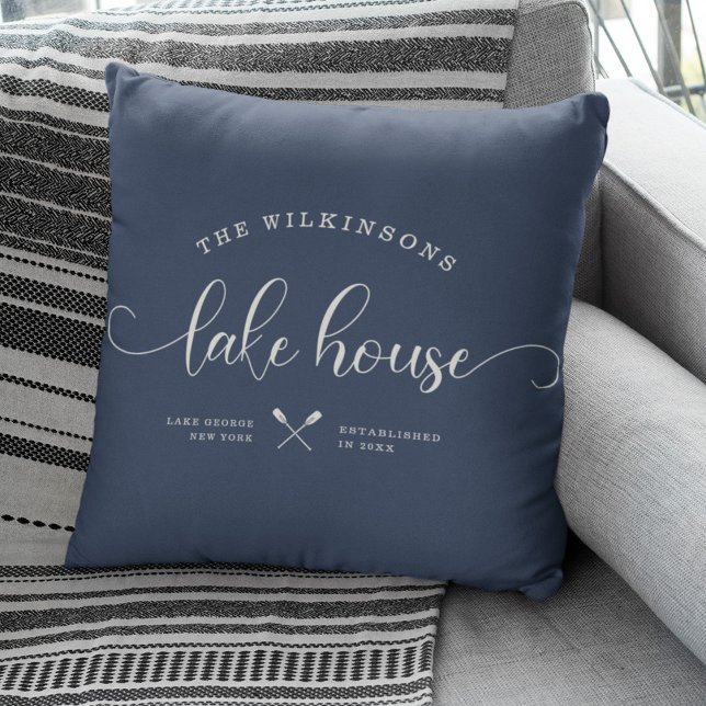 Modern Lake House Family Name Brush Script Blue Cushion (Creator Uploaded)
