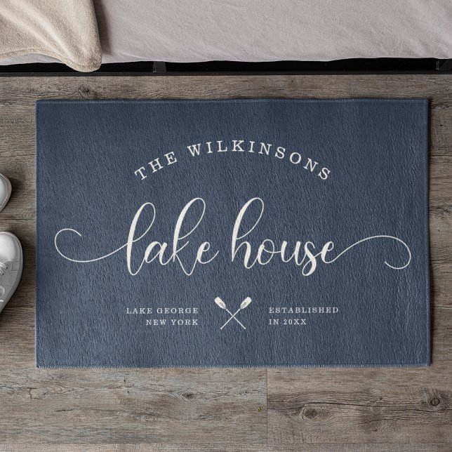 Modern Lake House Family Name Brush Script Blue Doormat (Creator Uploaded)