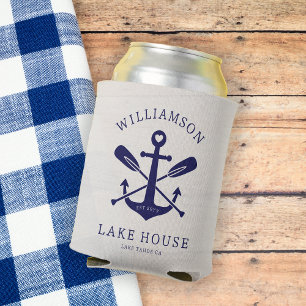Modern Lake House Family Name Nautical Navy Blue Can Cooler