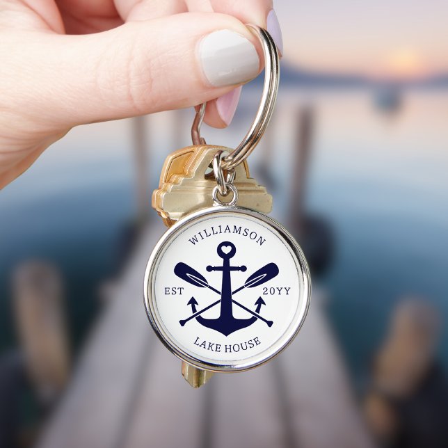 Modern Lake House Family Name Nautical Navy Blue Key Ring (Creator Uploaded)