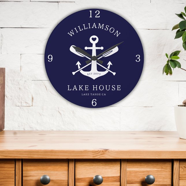 Modern Lake House Family Name Nautical Navy Blue Large Clock (Creator Uploaded)