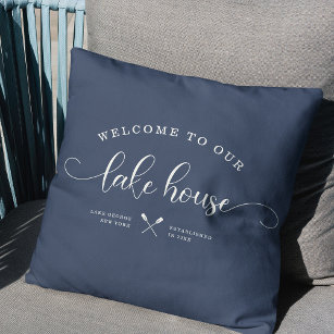 Modern Lake House Family Name Welcome Script Blue Cushion