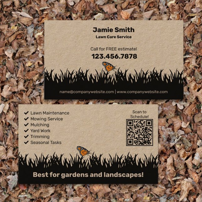 Modern Landscaping - Lawn Care Business Card (Modern Landscaping - Lawn Care Business Card - Lawn Silhouette - List QR code)