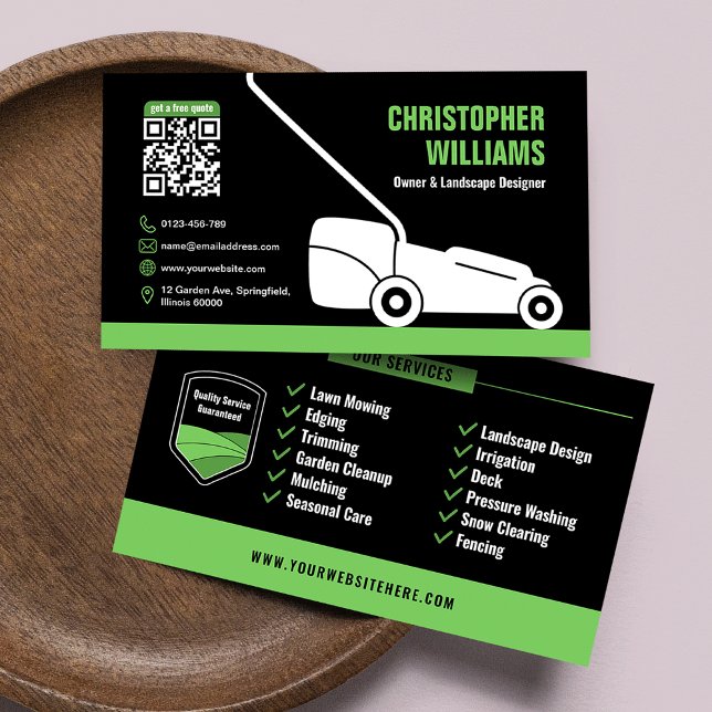 Modern Landscaping Lawn Mowing Black Green QR Code Business Card (Modern Landscaping Lawn Mowing Black Green QR Code Business Card)