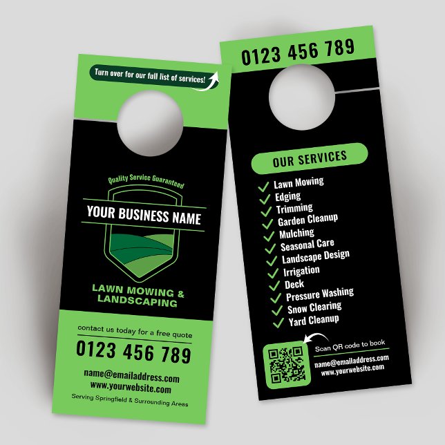 Modern Landscaping Lawn Mowing Marketing Door Hanger (Modern Lawn Mowing & Landscaping Business Marketing Door Hanger with scannable QR code)
