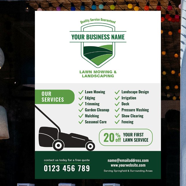 Modern Landscaping Lawn Mowing Marketing Poster (Modern Landscaping Lawn Mowing Marketing Poster in white and green)