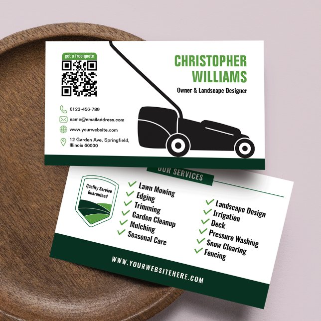 Modern Landscaping Lawn Mowing White Green QR Code Business Card (Modern Landscaping Lawn Mowing White Green QR Code Business Card)