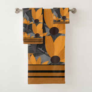 Modern Large Daisies with Black and Grey Bath Towel Set
