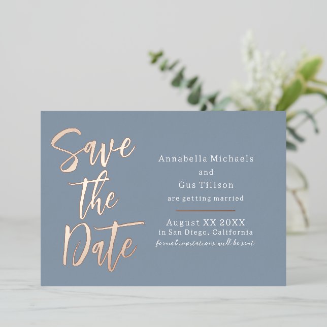 Modern Large Font on Dusty Blue Save the Date (Standing Front)