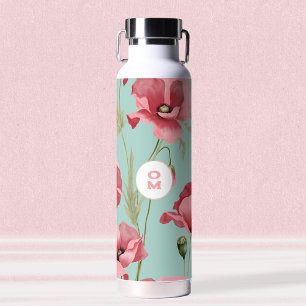 Modern Large Pink  Poppy Wildflower Monogram  Water Bottle