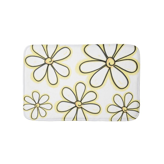 Modern Large White Yellow Chalk Daisies Pattern Bath Mat (Front)