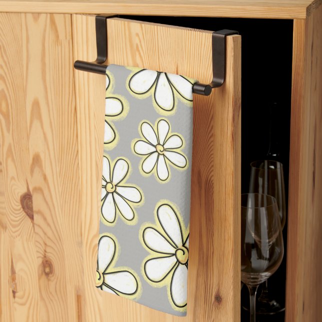 Modern Large White Yellow Daisies Grey Tea Towel (Thirds Fold)