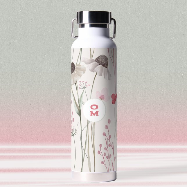 Modern Large Wildflower Monogram Light Pink Green Water Bottle (Modern Large Wildflower Monogram Light Pink Green Water Bottle ©Susanne Sachers - Sunny Mind Design )