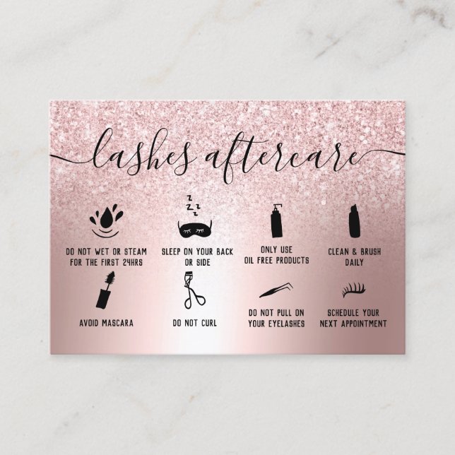 Modern lash aftercare rose gold glitter metallic business card (Front)