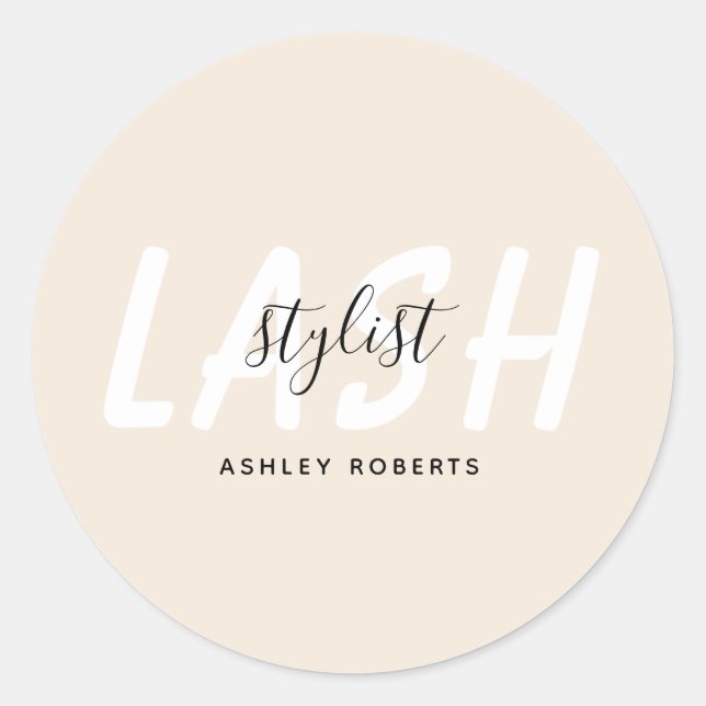 Modern lash stylist beige classic round sticker (Front)