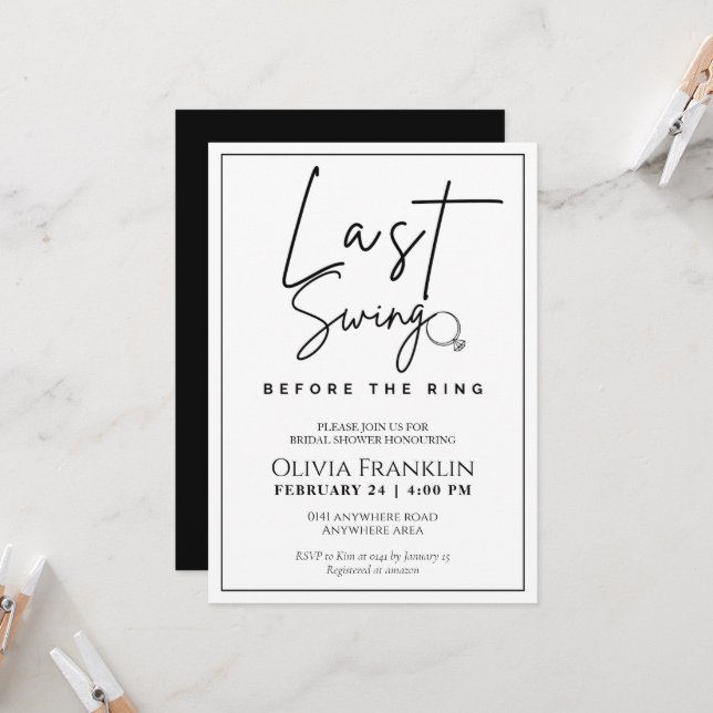 Modern last swing before the ring bridal shower invitation (Front/Back In Situ)