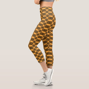 Modern Lattice Geometric Black & Mango Sorbet Capri Leggings