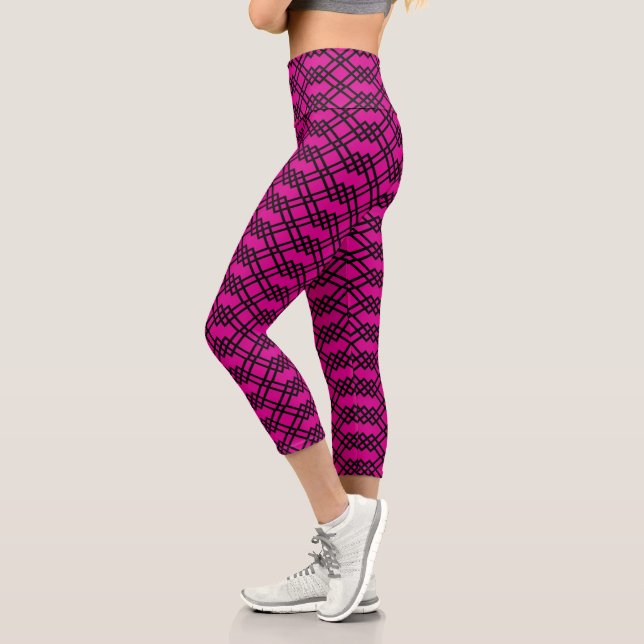 Modern Lattice Geometric Black & Raspberry Pink Capri Leggings (Left)