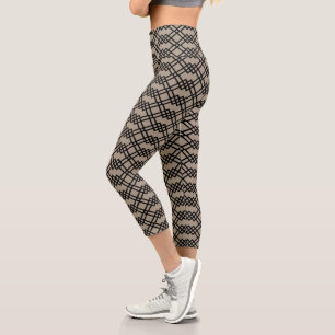 Modern Lattice Geometric Black & Taupe Capri Leggings