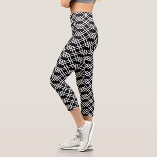Modern Lattice Geometric Black & White Capri Leggings