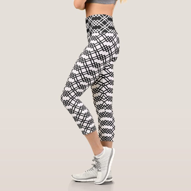 Modern Lattice Geometric Black & White Capri Leggings (Left)