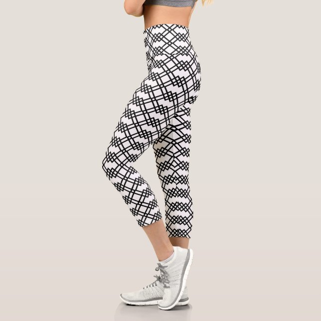 Modern Lattice Geometric Black & White Capri Leggings (Left)