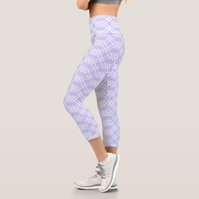 Modern Lattice Geometric Light Periwinkle & White Capri Leggings (Left)