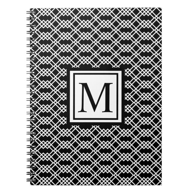 Modern Lattice Geometric Monogram Black & White Notebook (Front)