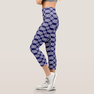 Modern Lattice Geometric Navy Blue & White Capri Leggings