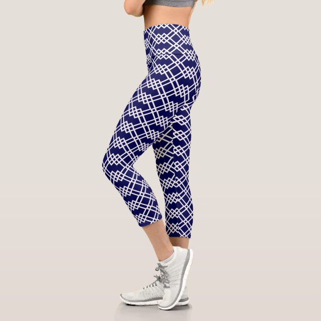 Modern Lattice Geometric Navy Blue & White Capri Leggings (Left)
