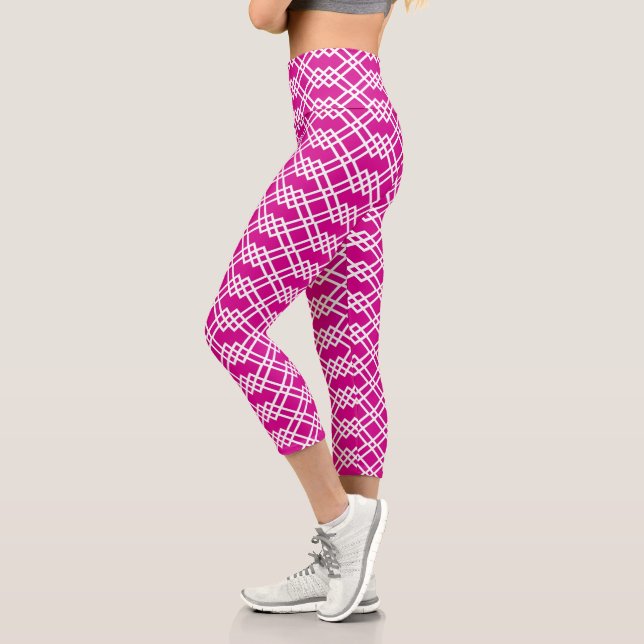 Modern Lattice Geometric Raspberry Pink & White Capri Leggings (Left)