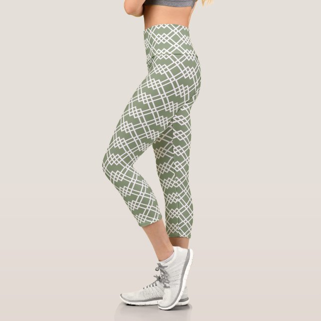 Modern Lattice Geometric Sage Green Jade & White Capri Leggings (Left)