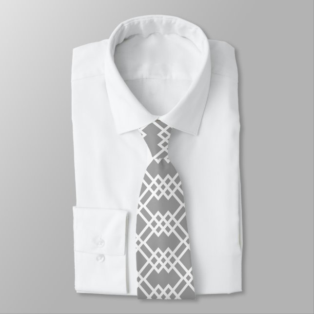 Modern Lattice Geometric Warm Grey & White Tie (Tied)