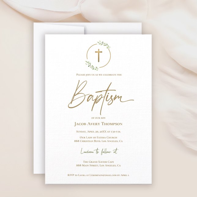 Modern Laurel Wreath Gilded Gold Cross Baptism Invitation (Baptism gold cross laurel watercolor leaves invitation)