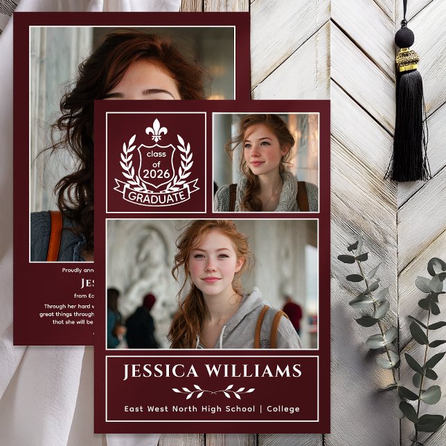 Modern Laurels 3 Photo Class of 2026 Graduation  Announcement (Modern Laurels | Fleur de Lis Crest Graduate 3 Photo Graduation Announcement -Print | Digital - Wine)
