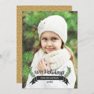 Modern Laurels and Ribbon Christmas Photo Gold Holiday Card