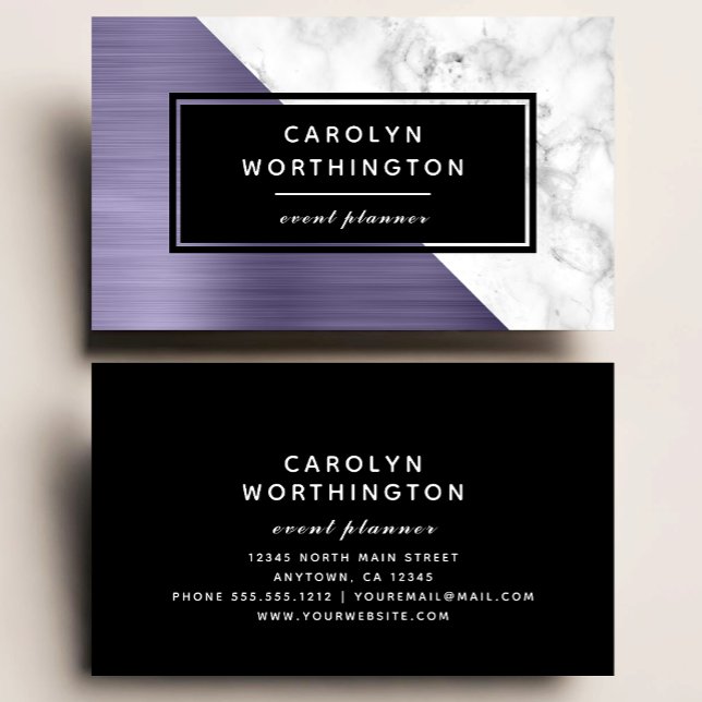 Modern Lavender Brushed Foil White Marble Black Business Card (Creator Uploaded)