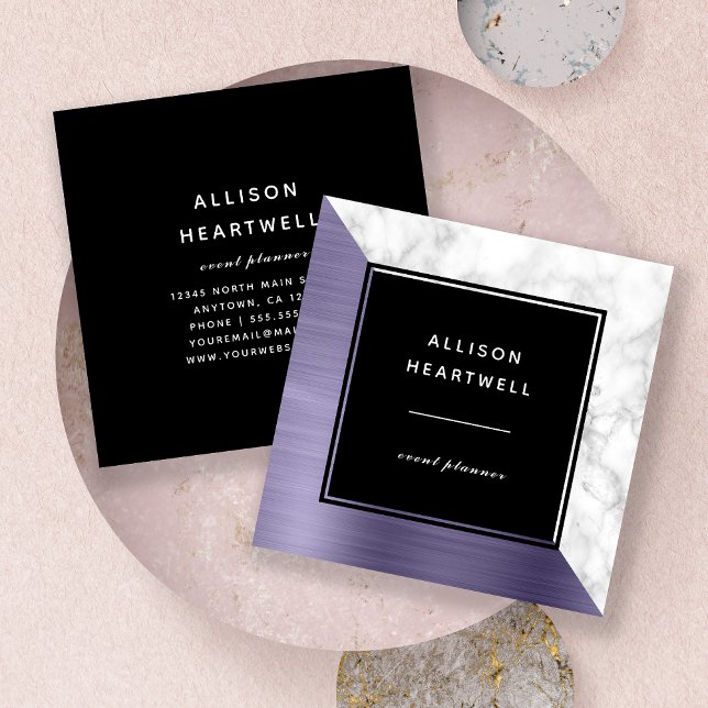 Modern Lavender Brushed Metal White Marble Black Square Business Card (Creator Uploaded)