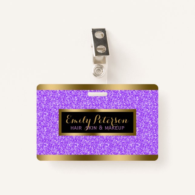 Modern Lavender Faux Glitter Gold Accents ID Badge (Front with Clip)