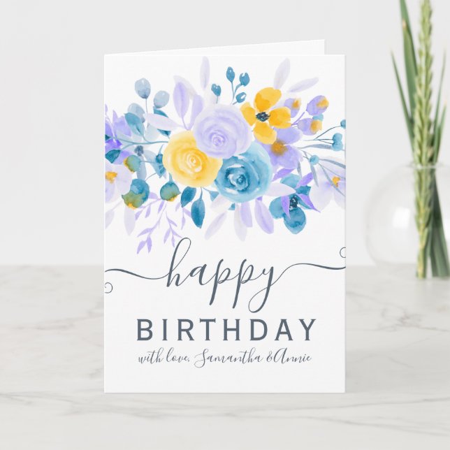 Modern lavender floral watercolor 2 photo birthday card (Front)