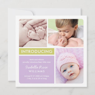 Modern Lavender Green Colour Block Baby Girl Birth Announcement