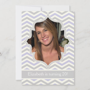 Modern lavender, grey chevron birthday photo invitation