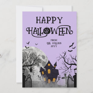 Modern Lavender Haunted House Happy Halloween Holiday Card