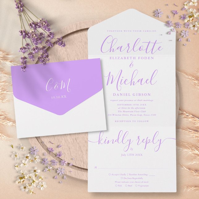 Modern Lavender Lilac Script Minimalist Wedding All In One Invitation (Modern Lavender Lilac Script Minimalist Wedding All In One Invitation)