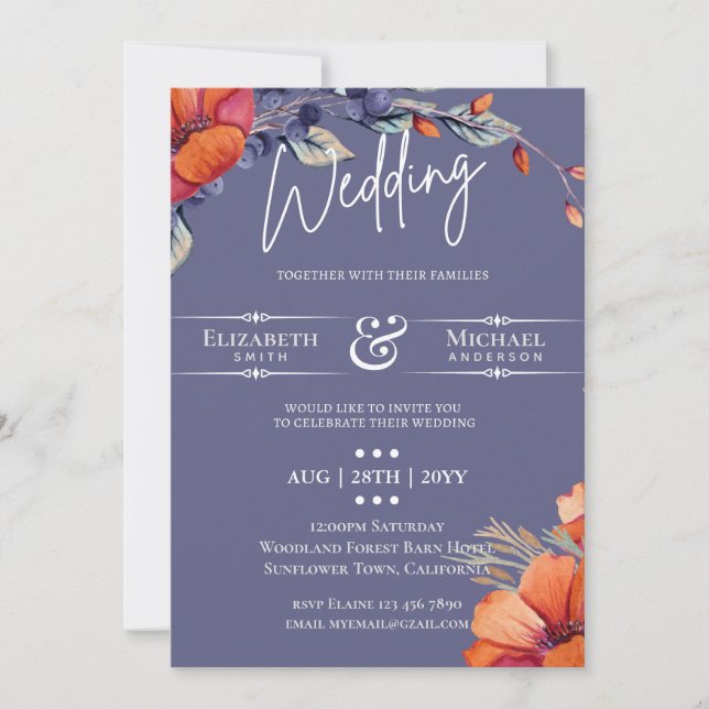 Modern Lavender Orange Floral Wedding Invite (Front)