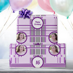 Modern Lavender Pattern Stripes Custom Photo  Wrapping Paper<br><div class="desc">Celebrate milestone birthday such as Sweet Sixteen with this customizable unique and elegant lavender pattern gift wrap. This design features a soft lavender plaid pattern, complemented by personalized photo accents and "Happy Birthday" messages, making it ideal for wrapping gifts, gift bags, and tags. For assistance with personalization, reach out to...</div>