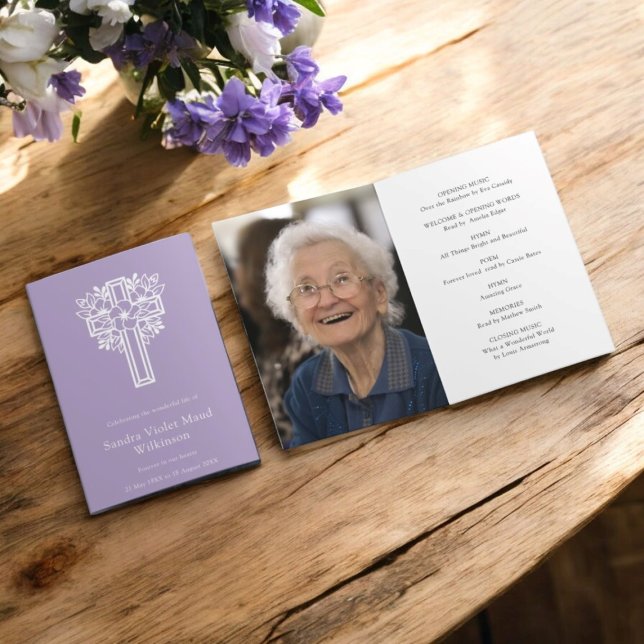 Modern lavender photo funeral order of service  invitation (simple lavender cross funeral order of service with photo template )